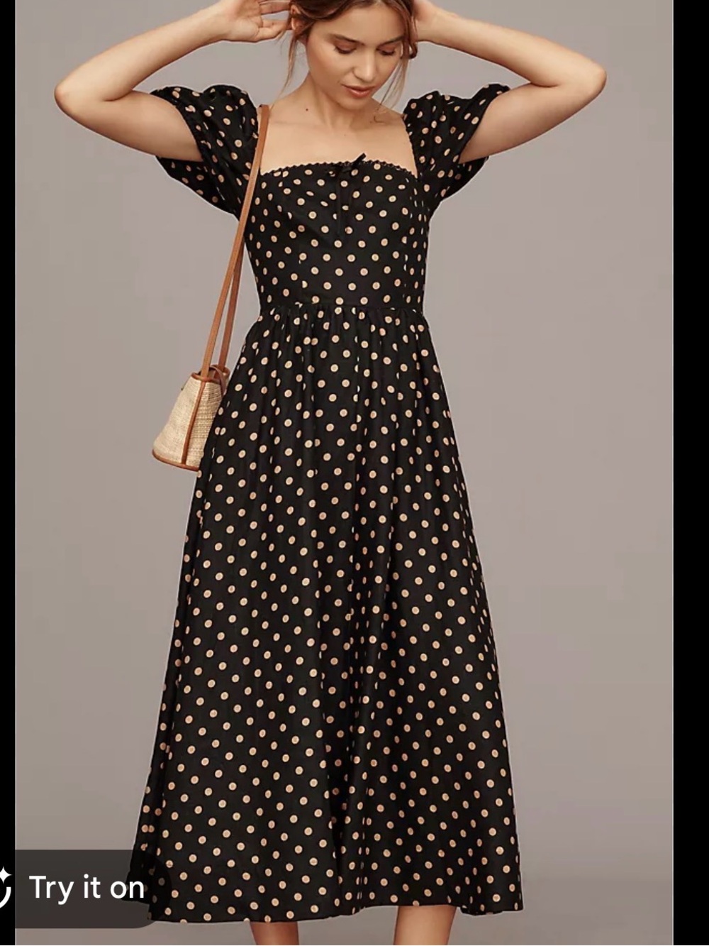 Reformation Black Midi Dress with Tan Polka Dots